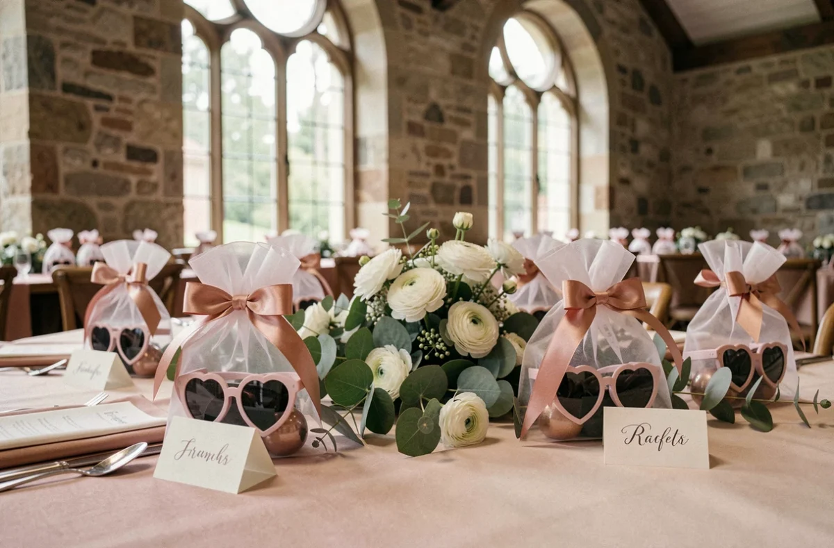 Table de réception de mariage décorée avec des cadeaux d'invités contenant des lunettes cœur dans des sachets en organza et des cartes de table calligraphiées