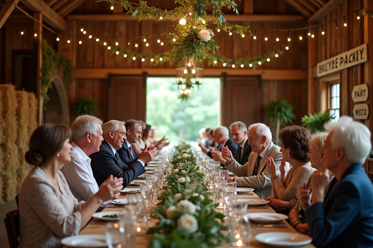 Table de mariage rustique décorée avec invités souriants