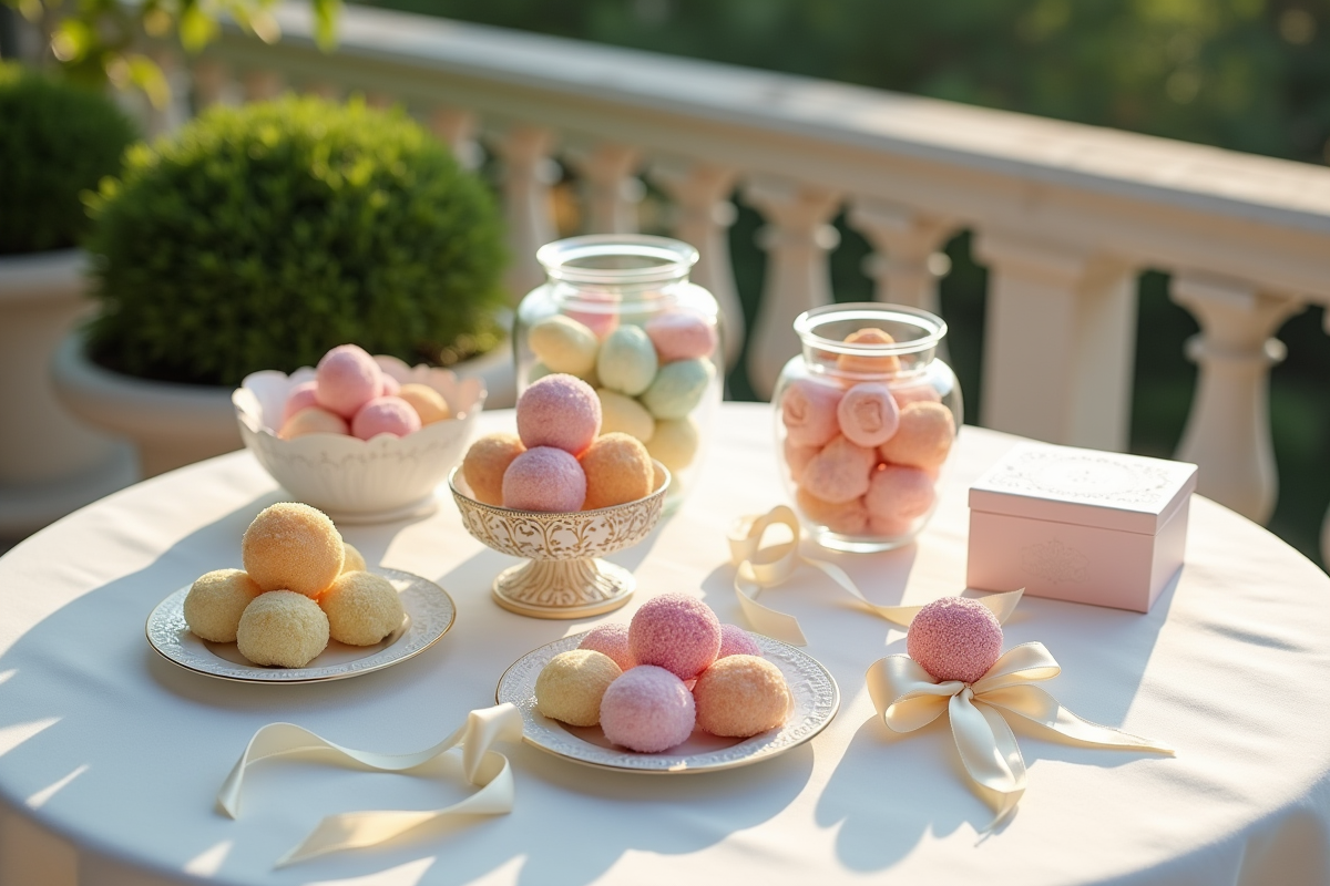 Arrangement de dragées pastel dans boîtes et verres élégants