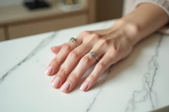 Main de femme avec des bagues de différentes tailles sur fond de marbre blanc dans une bijouterie