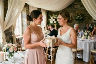 Témoin de mariage offrant un cadeau enveloppé à la mariée dans une salle de réception décorée