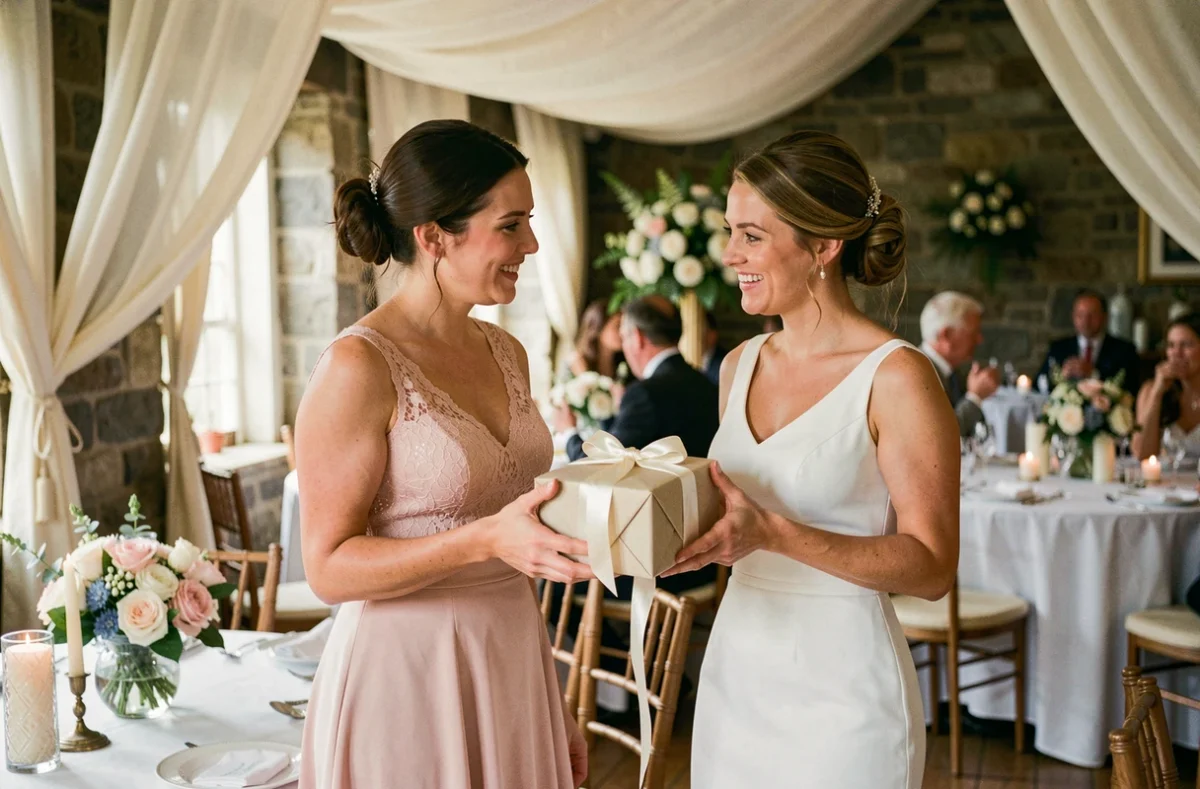 Témoin de mariage offrant un cadeau enveloppé à la mariée dans une salle de réception décorée