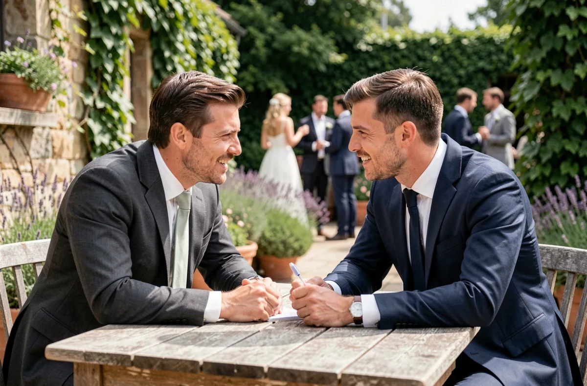 Témoin de mariage discutant des préparatifs avec le marié autour d'une table en bois dans un jardin