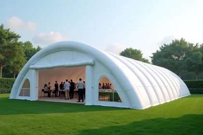 Tente de réception gonflable blanche installée en extérieur pour un séminaire d'entreprise avec tables de conférence et participants