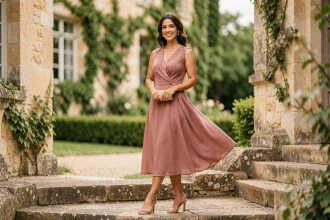 Invitée de mariage élégante en robe midi rose poudré devant un château en pierre