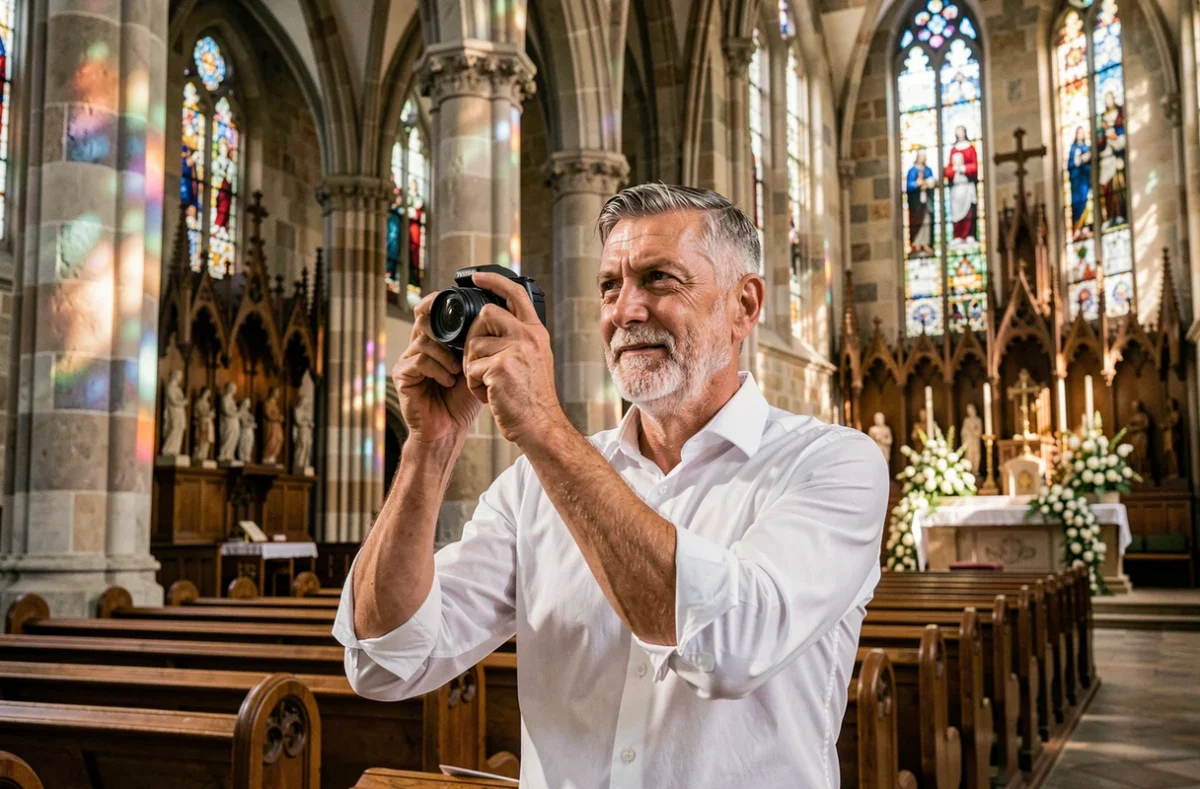 Thierry Nadé photographiant une cérémonie de mariage dans la cathédrale gothique de Metz avec ses vitraux colorés