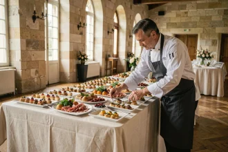 Traiteur professionnel dressant un buffet élégant pour un mariage dans un château français