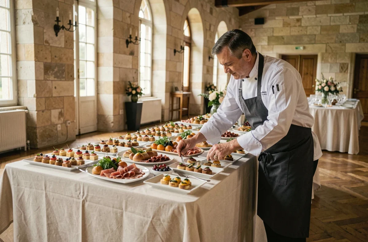 Traiteur professionnel dressant un buffet élégant pour un mariage dans un château français