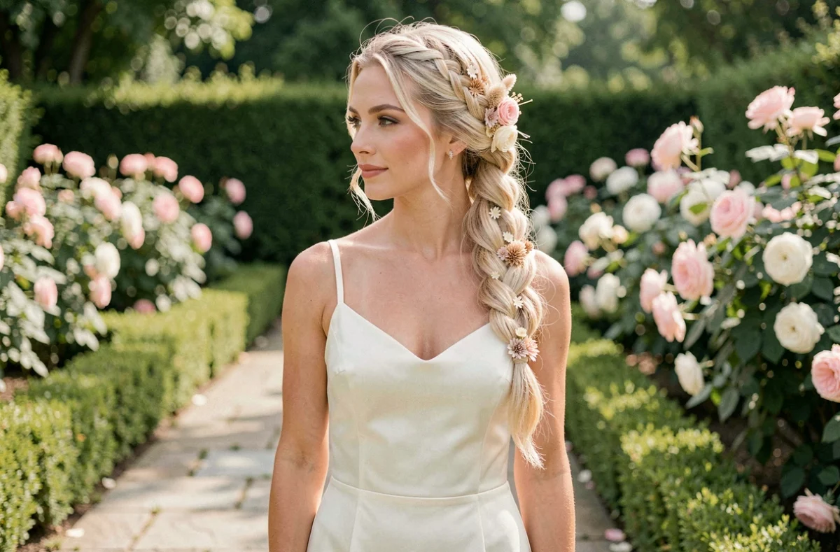 Mariée aux cheveux fins blonds avec une tresse queue de poisson volumisée ornée de fleurs séchées dans un jardin de mariage