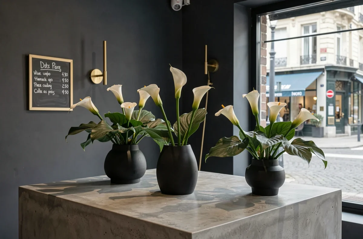 Boutique Un Zest d'Arum à Lille avec compositions de callas et arums dans des vases noirs minimalistes sur un comptoir en béton