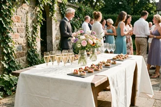 Table de vin d'honneur mariage champêtre avec flûtes de champagne, canapés et fleurs sauvages dans un jardin fleuri