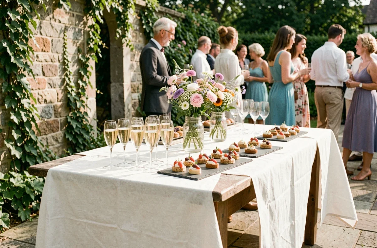Table de vin d'honneur mariage champêtre avec flûtes de champagne, canapés et fleurs sauvages dans un jardin fleuri