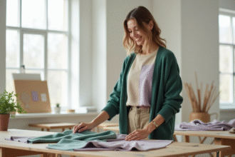 Femme arrangeant des échantillons de tissus dans un studio lumineux