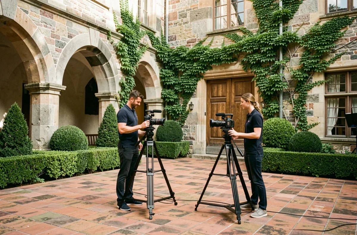 Équipe de Yastudio Production installant leur matériel photo et vidéo dans la cour d'un château alsacien